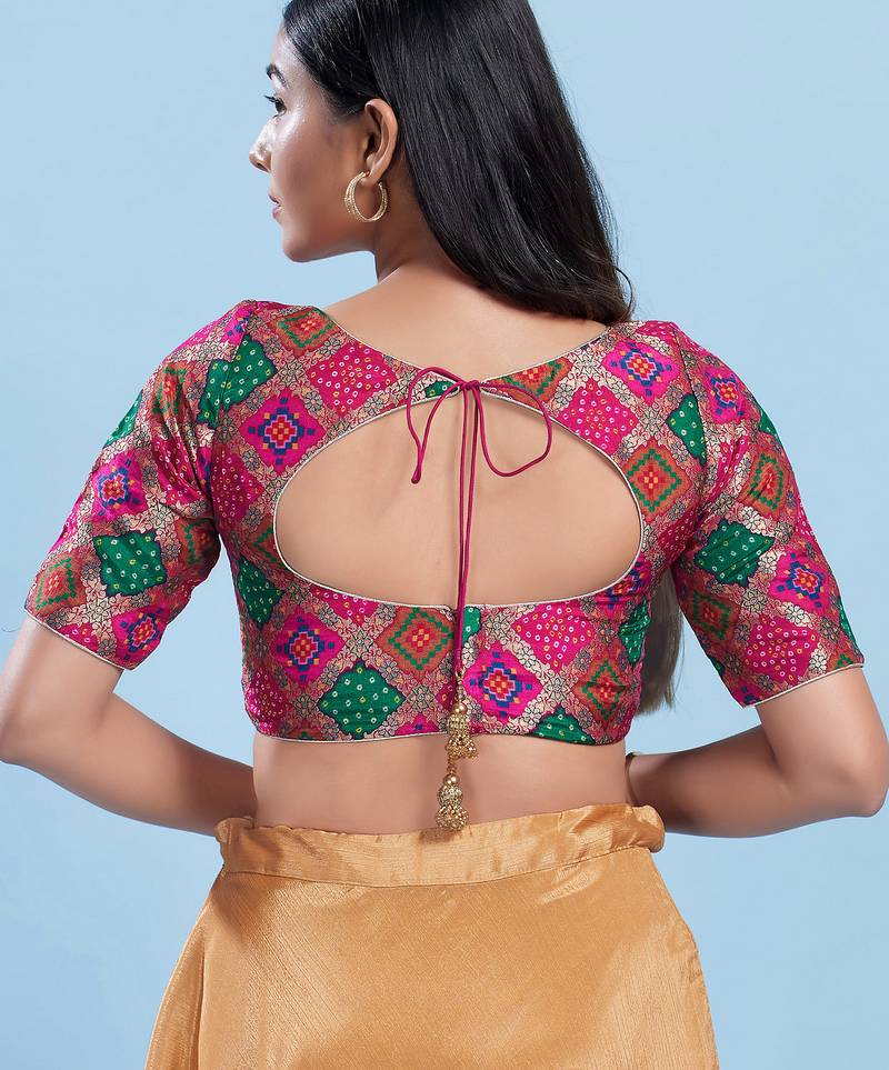 Women's silk padded back open elbow sleeves saree blouse