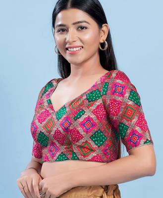 Women's silk padded back open elbow sleeves saree blouse 3