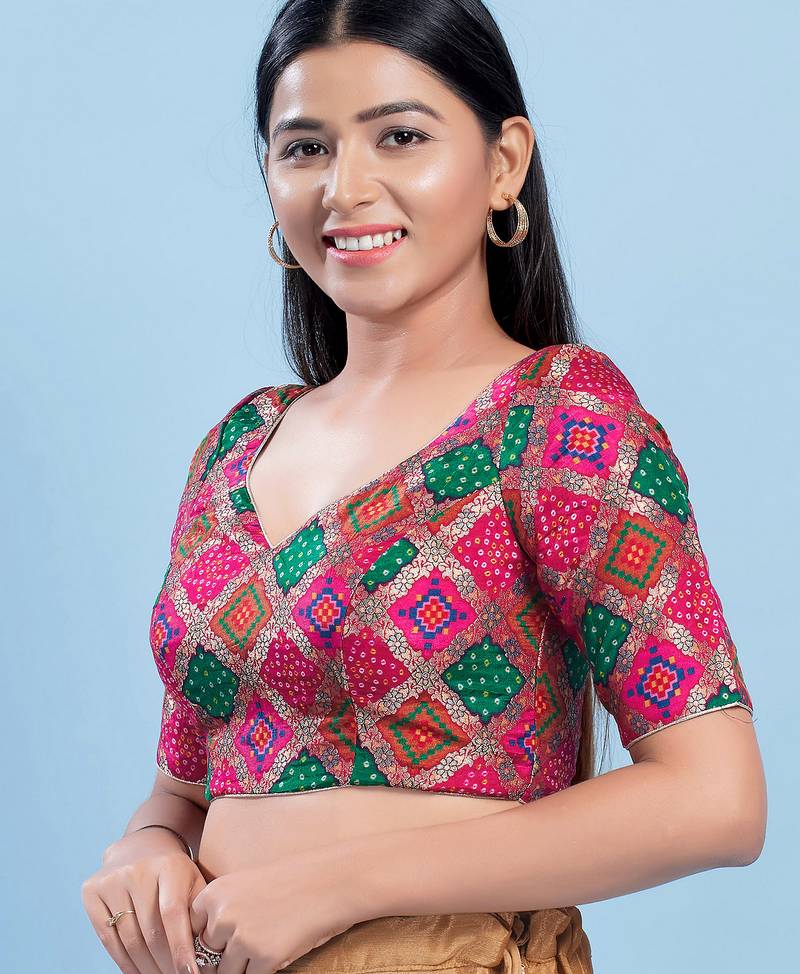 Women's silk padded back open elbow sleeves saree blouse