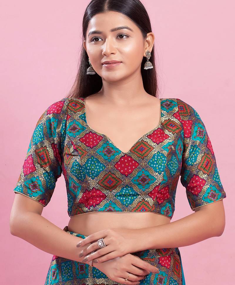 Women's silk padded back open elbow sleeves saree blouse