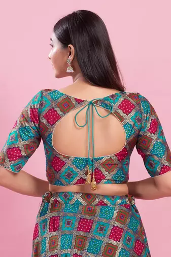 Women's silk padded back open elbow sleeves saree blouse