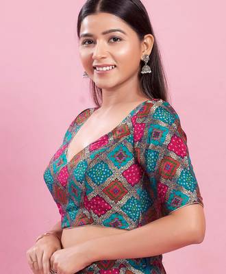 Women's silk padded back open elbow sleeves saree blouse 3