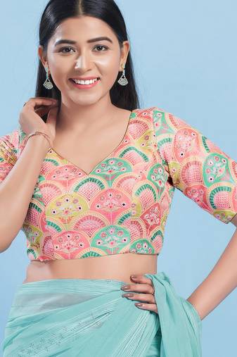 Women's silk padded back open elbow sleeves saree blouse