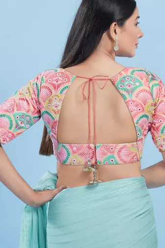 Women's silk padded back open elbow sleeves saree blouse