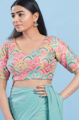 Women's silk padded back open elbow sleeves saree blouse