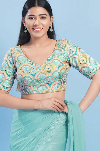 Women's silk padded back open elbow sleeves saree blouse