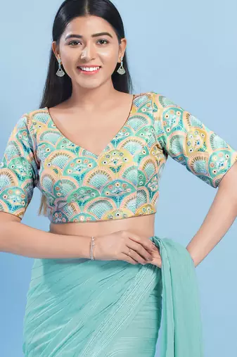 Women's silk padded back open elbow sleeves saree blouse