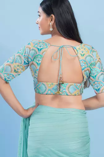 Women's silk padded back open elbow sleeves saree blouse