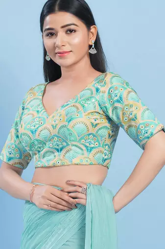 Women's silk padded back open elbow sleeves saree blouse