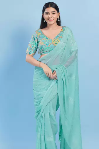 Women's silk padded back open elbow sleeves saree blouse