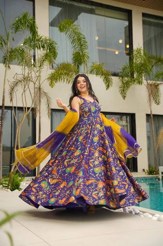 Floral printed silk fully flared anarkali gown with dupatta for women