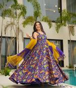 Floral printed silk fully flared anarkali gown with dupatta for women