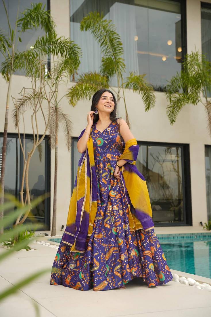 Floral printed silk fully flared anarkali gown with dupatta for women