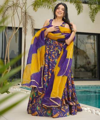 Floral printed silk fully flared anarkali gown with dupatta for women 3