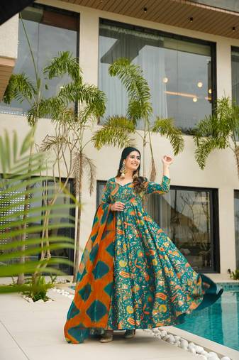 Floral printed silk fully flared anarkali gown with dupatta for women