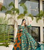 Floral printed silk fully flared anarkali gown with dupatta for women