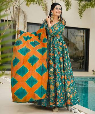 Floral printed silk fully flared anarkali gown with dupatta for women 3