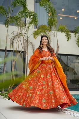Floral printed silk fully flared anarkali gown with dupatta for women 1