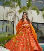 Floral printed silk fully flared anarkali gown with dupatta for women