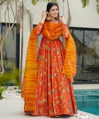 Floral printed silk fully flared anarkali gown with dupatta for women 2