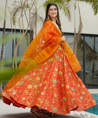 Floral printed silk fully flared anarkali gown with dupatta for women 3