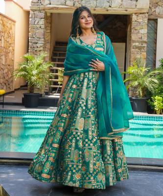 Floral printed silk fully flared anarkali gown with dupatta for women 1
