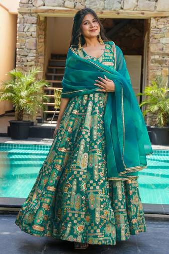 Floral printed silk fully flared anarkali gown with dupatta for women