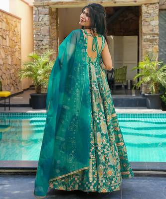 Floral printed silk fully flared anarkali gown with dupatta for women 2
