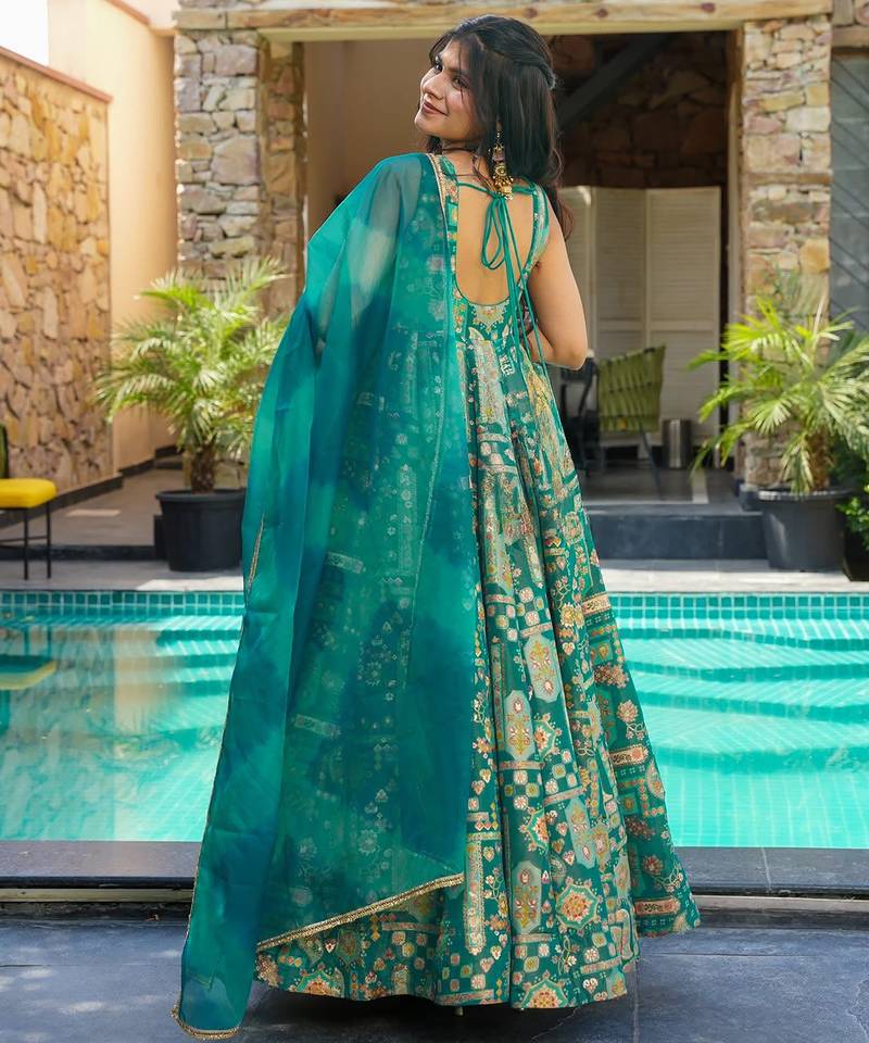 Floral printed silk fully flared anarkali gown with dupatta for women