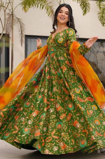 Floral printed silk fully flared anarkali gown with dupatta for women