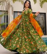 Floral printed silk fully flared anarkali gown with dupatta for women