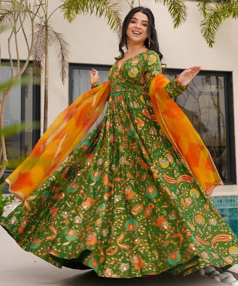 Floral printed silk fully flared anarkali gown with dupatta for women