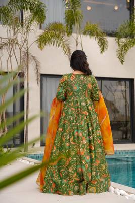 Floral printed silk fully flared anarkali gown with dupatta for women 2