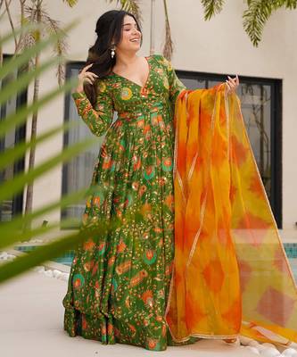Floral printed silk fully flared anarkali gown with dupatta for women 3
