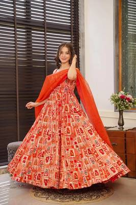 Floral printed silk fully flared anarkali gown with dupatta for women 1