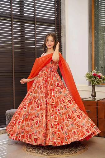 Floral printed silk fully flared anarkali gown with dupatta for women