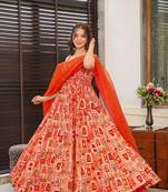Floral printed silk fully flared anarkali gown with dupatta for women