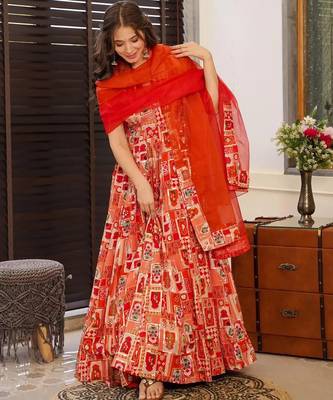 Floral printed silk fully flared anarkali gown with dupatta for women 2