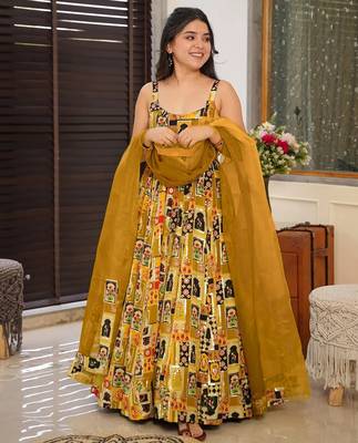 Floral printed silk fully flared anarkali gown with dupatta for women 1