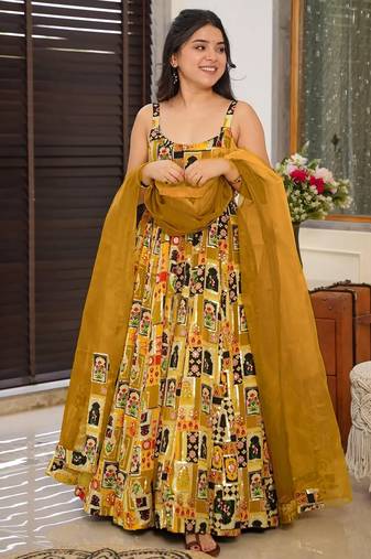 Floral printed silk fully flared anarkali gown with dupatta for women