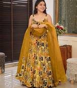 Floral printed silk fully flared anarkali gown with dupatta for women