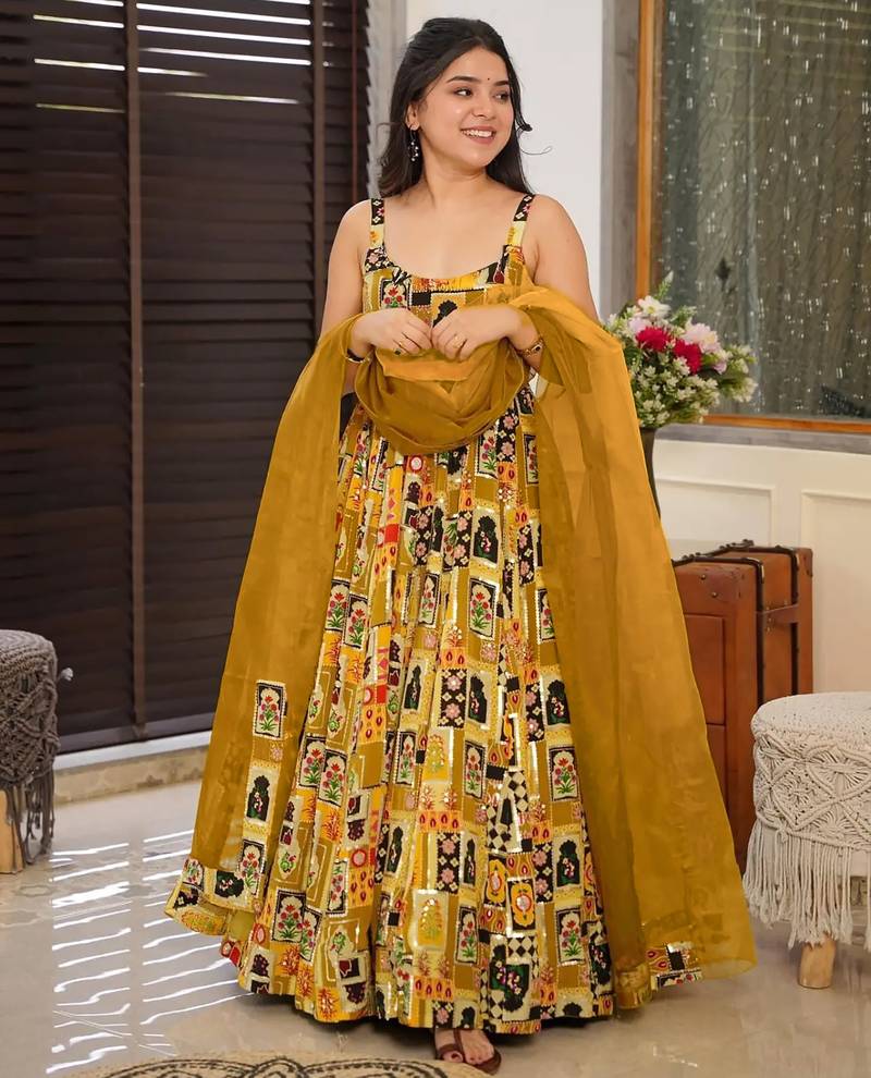 Floral printed silk fully flared anarkali gown with dupatta for women