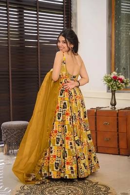 Floral printed silk fully flared anarkali gown with dupatta for women 2