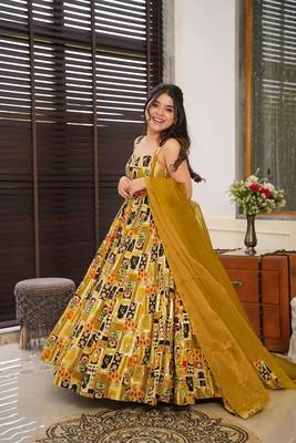 Floral printed silk fully flared anarkali gown with dupatta for women 3