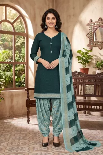 Green printed cotton blend stitched geometric print salwar kurta dupatta for women