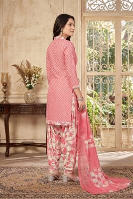 Pink printed cotton blend stitched geometric print salwar kurta dupatta for women 2
