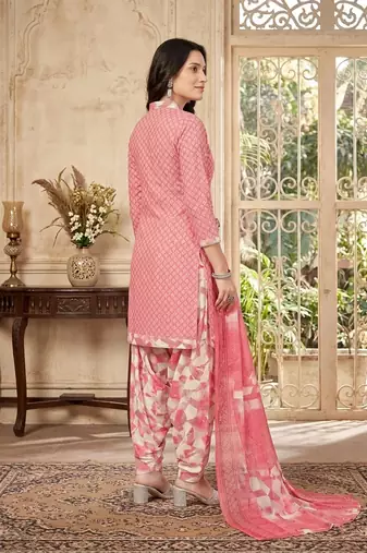 Pink printed cotton blend stitched geometric print salwar kurta dupatta for women