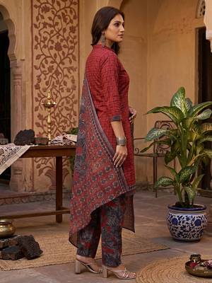 Red printed cotton blend stitched geometric print salwar kurta dupatta for women 2