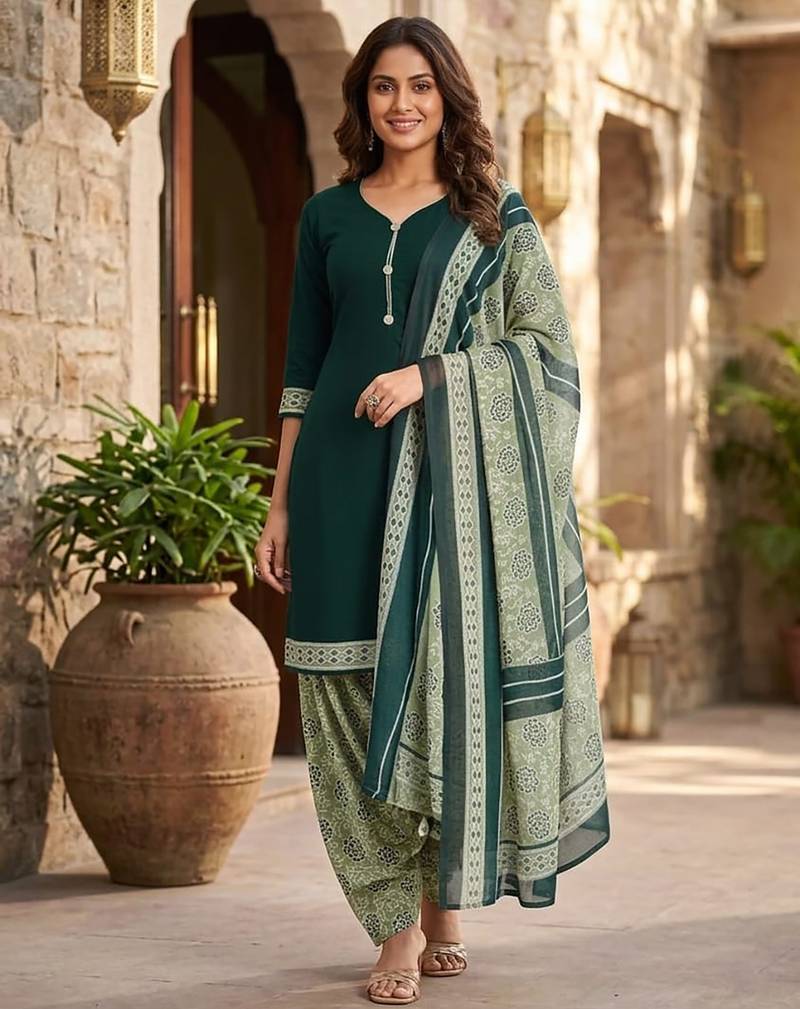Green printed cotton blend stitched geometric print salwar kurta dupatta for women