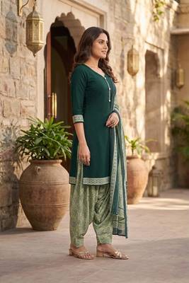 Green printed cotton blend stitched geometric print salwar kurta dupatta for women 2